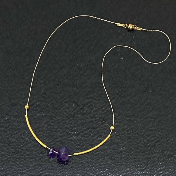 Natural Raw Amethyst Pendant Magnetic Clasp Gold-tone Skinny Chain Necklace - Picture 9 of 15